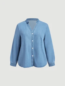 EMERY ROSE Plus Size Women's Notch V-Neck Single-Breasted Casual Denim Shirt - Blue - View 4