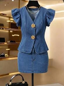 GlowEve Women's Metal Flower Button Ruffle Cuff Jacket And Pocket Skirt Denim Set - Blue - View 1