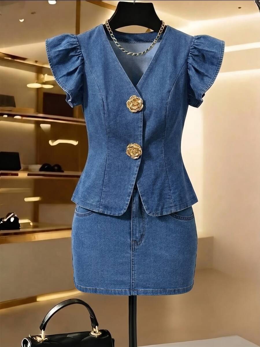GlowEve Women's Metal Flower Button Ruffle Cuff Jacket And Pocket Skirt Denim Set - Blue - View 1