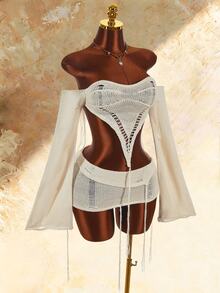 Amplova Women's Knitted 2 Pieces Set Long Sleeve Vintage Distressed Sexy Casual - Apricot - View 3