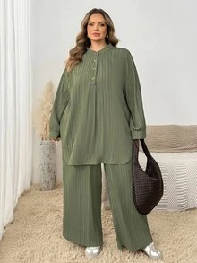 SHEIN CURVE+ 大尺碼立領長袖半拉鍊寬鬆休閒傳統圓弧下擺 2 件套秋季正式居家服 橄欖綠 - 綠色 - 查看 7
