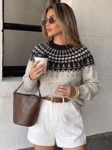 Mulvari Women's Lazy Round Neck Long Sleeve Sweater, Autumn/Winter Going Out - Apricot - View 2