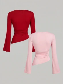 SHEIN MOD 女款 2 件組 酒紅與杏色圓領抓皺腰部喇叭袖不對稱下擺百搭長袖 T 恤內搭層 - 紅色 - 查看 2