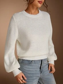 SHEIN BASICS 女款素色休閒百搭日常穿著長袖針織衫 - 白色 - 查看 8