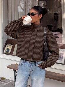 Muchica Women's Striped Long Sleeve Zip-Up Casual Jacket - Brown - View 5