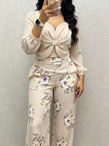 INAWLY Casual Fashion 3D Floral Craft Long Sleeve Set - Apricot - View 5