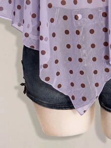 SHEIN ICON 女款大尺碼波點網紗不對稱上衣 - 紫丁香色 - 查看 7