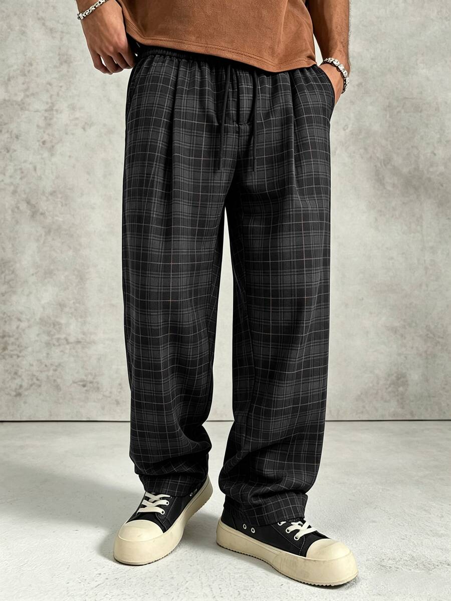 PAVTROS Men's Casual Plaid Long Pants, Loose Straight Leg Fit, Elastic Drawstring Waist - Multicolor - View 1