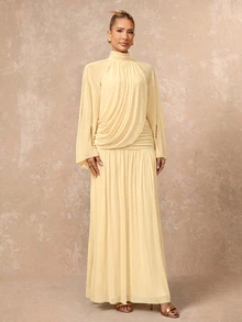 Lumalex Fall Winter Soft Comfortable Mesh Mock Neck Flowy Long Sleeve Ruched Draped Bodycon Dress With Flared Hem For Women Dawn-To-Gala Elegant Poised Let Yo - Apricot - View 9