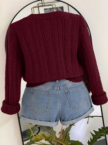 Franclia Caramel Cable Knit Cardigan, Round Neck Pearl Button Short Vintage Soft Style Sweater - Burgundy - View 2