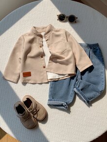 SHEIN 男嬰字母印花長袖上衣與牛仔褲休閒套裝 - 彩色 - 查看 1