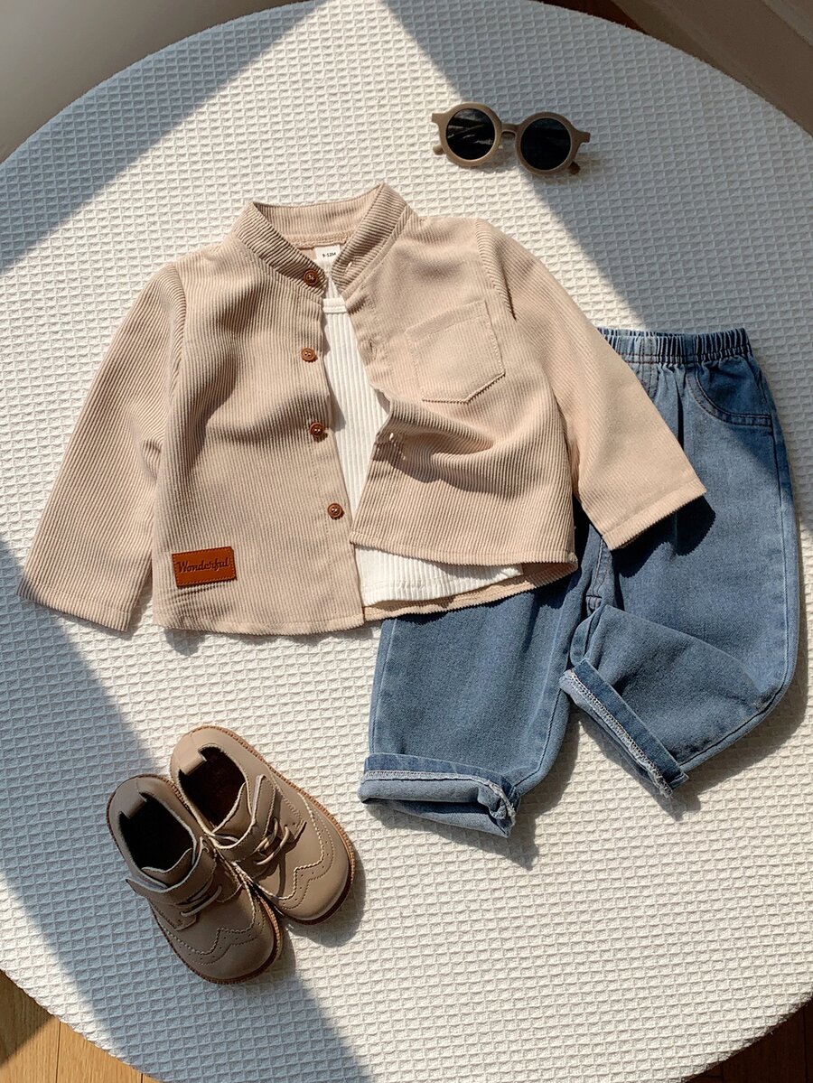 SHEIN 男嬰字母印花長袖上衣與牛仔褲休閒套裝 - 彩色 - 查看 1