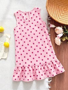 Emery Rose Kids Emery Rose Kids 女童波點圖案無袖圓領拼接荷葉邊下擺洋裝 - 彩色 - 查看 2