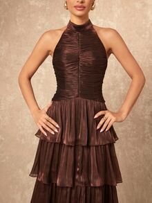 Lumalex Chocolate Brown Halter Maxi Dress High Neck Ruched Bodycon Bodice Layered Ruffle Drop Waist, Showcasing Low Key Luxury PartyStyle,Wedding,Ball,Dinner - Coffee Brown - View 7