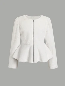 SHEIN Tween Girl Winter Elegant Solid White Fleece Thick Waist Ruffle Hem Front Open Coat - White - View 3
