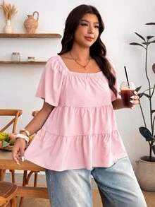 Enliva Blusa de talla grande con cuello cuadrado, ajuste holgado, volantes escalonados y manga corta - Rosa - Ver 5