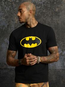 BATMAN X SHEIN Men's Summer Casual Printed Short Sleeve T-Shirt - Black - View 3