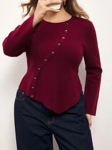 Maija Plus Size Women's Solid Color Crew Neck Long Sleeve Casual Sweater - Burgundy - View 5