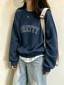 Selamara New Hot-Selling Letter Embroidered Regular Fit Women's Sweatshirt Heavy Embroidery Top - Blue - View 3