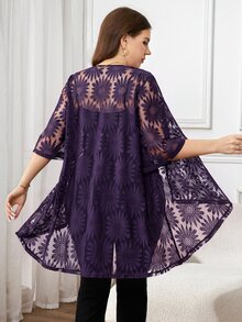 Reflora Plus Size Women Black Lace 3/4 Sleeve Loose Front Coat, Elegant Concert,Spring/Summer In Fall/Winter - Purple - View 2