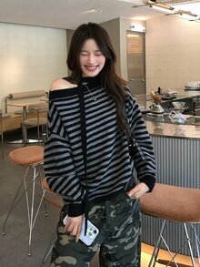 DAZY Women's Asymmetrical Shoulder Striped Long Sleeve Sweater Fall - Black - View 6