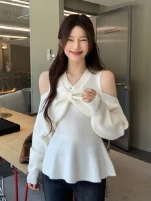 DAZY Sweater Wanita Lengan Panjang Model Korea Kerah V dengan Pita untuk Musim Gugur/Dingin - Putih - View 9