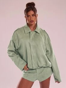 SHEIN BAE 高級慵懶寬鬆休閒短版夾克 - 薄荷綠 - 查看 4