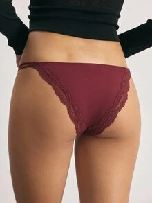 Ocili 3pcs/Pack Multi-Color 100% Pure Cotton Comfortable Minimalist Double-Sided Lace Thin Strap Elastic Women's Triangle Panties ChicAutumn - Red - View 3