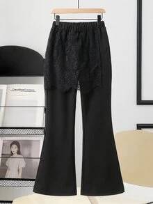 Elladie kids 女童黑色喇叭褲，附可拆式蕾絲包臀裙疊層，鬆緊腰綁帶裝飾，休閒度假喇叭長褲 - 黑色 - 查看 3