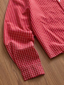 SWAVVY 酒紅色小格紋刺繡男士長袖襯衫 - 酒紅色 - 查看 3