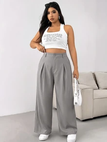 SHEIN EZwear 大尺碼女款純色簡約商務長褲，適合畢業場合 - 藕粉色 - 查看 6