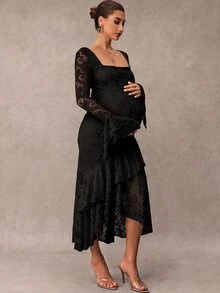 MaterniChic Elegant Solid Color Lace Ruffle Maternity Party Dress Fall - Black - View 5