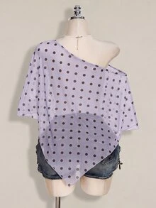 SHEIN ICON 女款大尺碼波點網紗不對稱上衣 - 紫丁香色 - 查看 2