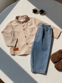 SHEIN 男嬰字母印花長袖上衣與牛仔褲休閒套裝 - 彩色 - 查看 4
