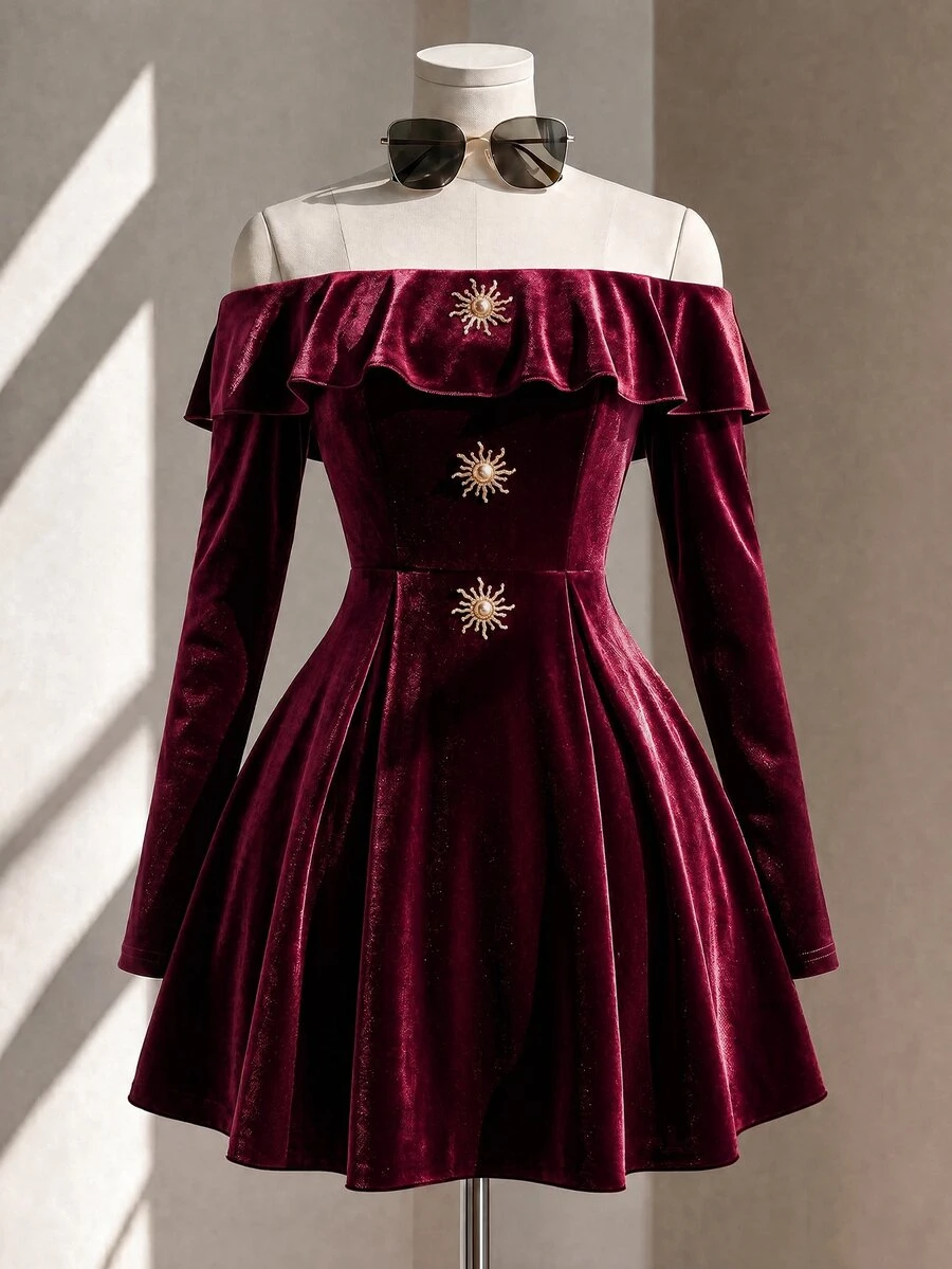 Fine & Folde Autumn/Winter Party Gathering Long Sleeve Ruffle Ruched Waist A-Line Velvet Fabric Birthday Date Vacation Gentle Elegant French Vintage Style Ruffle Ruffle Single-Breasted Ruched Waist Short Dress - Burgundy - View 1