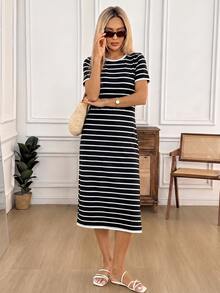 SHEIN LUNE 女款條紋圓領短袖側開衩下擺休閒中長洋裝 - 彩色 - 查看 5