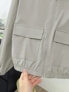 SHEIN 青少年女孩編織純色貼袋短版寬鬆休閒連帽外套 - 橄欖綠 - 查看 9