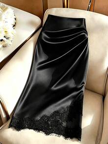 GlowEve CURVE Plus Size Elegant Ruched Lace Patchwork Ruffle Bodycon Skirt Fall - Black - View 3