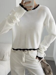 DAZY Women's Versatile Fashion Contrast Color Tie Cuff Sweater Autumn Night Out White And Black Sexy Minimalist Modest - White - View 6