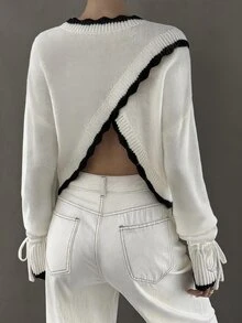 DAZY Women's Versatile Fashion Contrast Color Tie Cuff Sweater Autumn Night Out White And Black Sexy Minimalist Modest - White - View 1