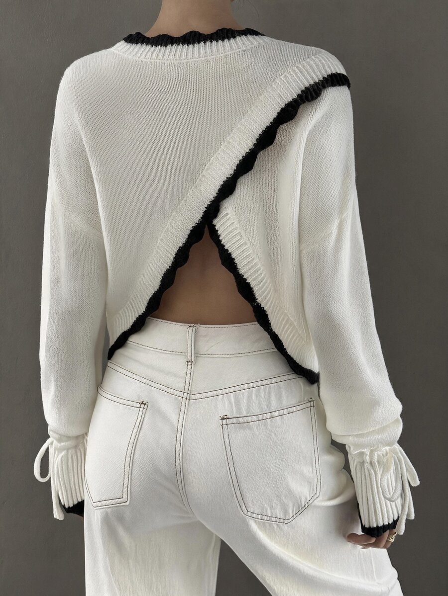 DAZY Women's Versatile Fashion Contrast Color Tie Cuff Sweater Autumn Night Out White And Black Sexy Minimalist Modest - White - View 1