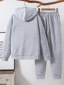 SHEIN 青少年男孩 2件組休閒灰色連帽衛衣與運動長褲，附3D字母印花，適合秋冬返校季節 - 淺灰色 - 查看 3
