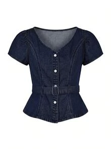 Elenzga Atasan Denim Wanita Elegan dengan Hiasan Ruffle dan Sabuk Pinggang - Dark Wash - View 6
