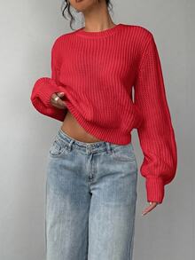 SHEIN BASICS كنزة صوفية محبوكة نسائية كاجوال بلون موحد وياقة دائرية وأكمام طويلة ملابس شتوية - الأحمر - مشاهدة 3
