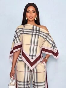 SOLERSUN 性感成熟端莊優雅女款經典格紋不對稱下擺不對稱肩上衣與長褲兩件套休閒度假米色夏季早午餐穿搭 - 卡其色 - 查看 6