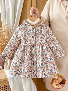 SHEIN Vintaside Kids 女嬰咖啡棕色毛絨內裡連帽卡其色長袖秋冬時尚百搭外套 - 棕色 - 查看 3