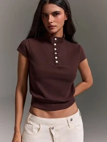 Athîral 女款休閒假領短袖上衣新品上市 - 咖啡棕 - 查看 6