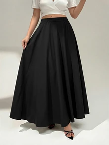 Auralis Plus Size Women's Solid Color Elastic Waist Casual Commute Skirt - Black - View 2