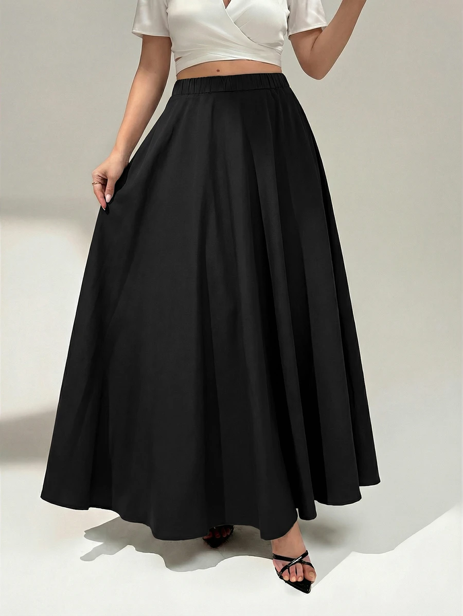 Auralis Plus Size Women's Solid Color Elastic Waist Casual Commute Skirt