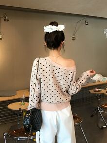 DAZY Women's Asymmetrical Shoulder Polka Dot Korean Style Long Sleeve Autumn/Winter Cardigan - Pink - View 2